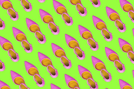 Womens shoes purple on a light green background. Womens blog. Top view, flat layoutの写真素材