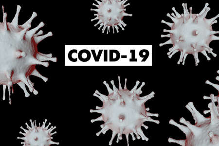 The inscription CAVID-19 on a black background with coronavirus bacteria. 3D-model.の写真素材