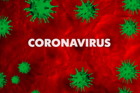 The inscription coronavirus on a red background and bacteria. A family of viruses that move through the blood vessels in the human body. 3D-model.の写真素材