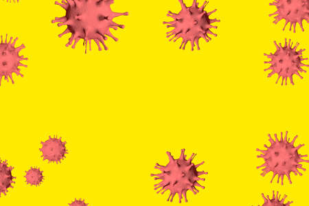 Coronavirus background with a copy of the space. A group of pink viruses on a yellow background. 3D-modelの写真素材
