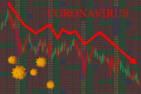 The concept of the impact of COVID-19 on the global economy. Stock market chart and the inscription coronavirus on a dark backgroundの写真素材
