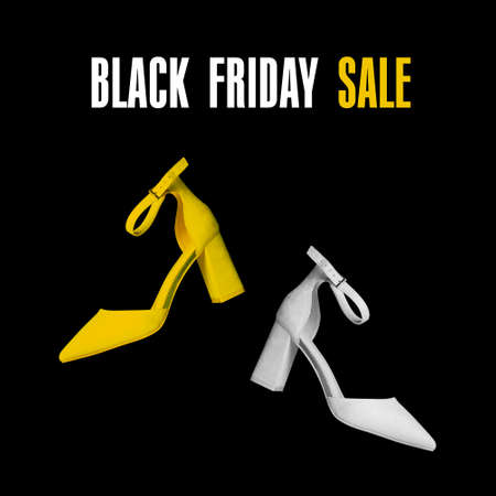 Black Friday concept. Fashionable multicolored shoes on a black background with the text Black Friday Sale. Advertising banner for social networksの写真素材