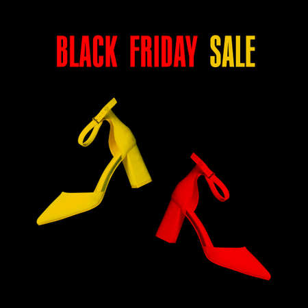 Red and yellow womens shoes on a dark background with the text Black Friday. Creative motivational banner. Sale of clothesの写真素材
