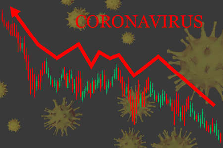 The graph of the increase in the incidence of coronavirus in the world. Virus molecules and red growth arrow. Patient magnification chart. Graph of deaths from COVID-19. 3D-renderingの写真素材