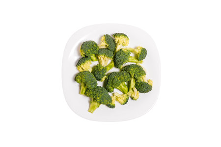 Broccoli in a plate isolated on white background. Nutrition, diet and weight loss concept. Top view, flat layの写真素材