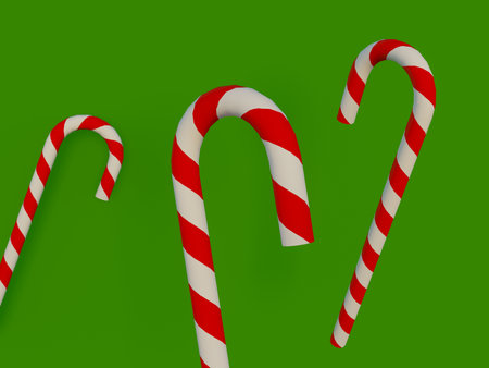 Candy cane on a green background. Christmas sweetness with red and white stripes. New year concept. 3D renderingの写真素材