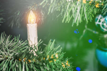 Christmas candle on a green tree. Spruce branches close-up. Christmas background with copy space. Festive atmosphereの写真素材