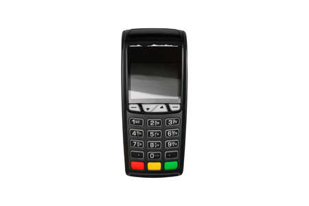 POS payment terminal isolated on white background. Electronic device for accepting payment cards. Payment by credit card or mobile phone. Top view, flat layの写真素材