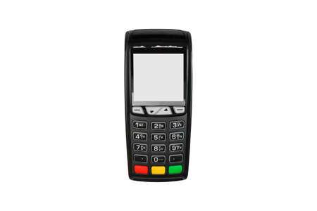 Payment terminal with a white screen. Payment device isolated on white background. E-commerce and...