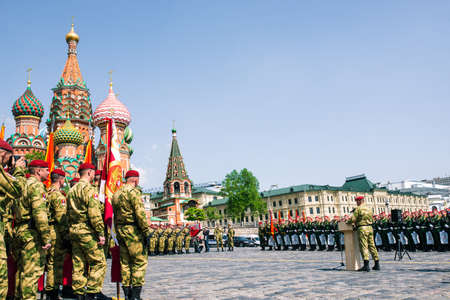 Russian military on Red Square in Moscow. Festive formation of soldiers with weapons: Moscow, Russia, 09 may 2019のeditorial素材