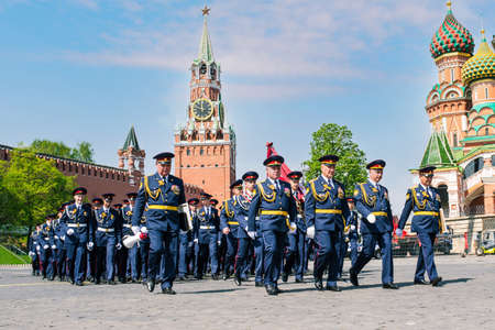 Young people in blue uniforms are walking along Red Square. Police squad. Russian army. Victory Parade: Moscow, Russia, May 09, 2019のeditorial素材
