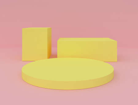 Round and rectangular yellow podium on a pink background. Geometric shapes. Minimal background....