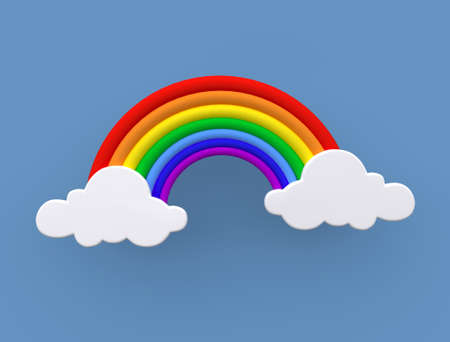 Rainbow. Blue background with clouds. Multicolored rainbow against a blue sky. Concept for weather, summer vacation, LGBTQ community. Flat lay. 3d renderingの写真素材
