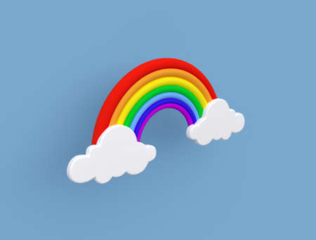 Rainbow and clouds. Colorful rainbow on a blue background. Minimal creative style. Concept for weather forecast, summer vacation and travel, LGBT community. 3d renderingの写真素材