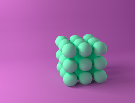 Molecules on a colored background. Abstract composition of green spheres on a purple background. Minimal modern style. Banner for presentation, landing page, website. Copy space. 3D rendering.の写真素材