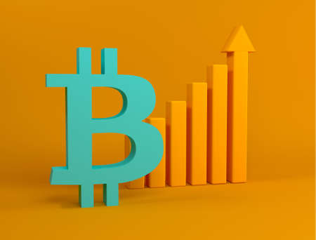 Bitcoin icon with growth graph. International Stock Exchange. Fluctuations and forecasting of the cryptocurrency rate. Bitcoin growth chart illustration and concept. 3D rendering.の写真素材