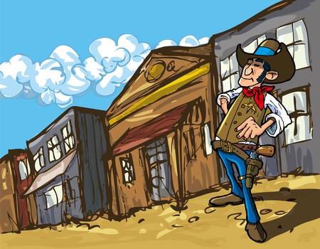 Cartoon cowboy in a western old west town looking down the streetのイラスト素材