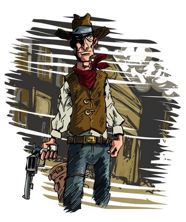 Mean illustration of a Cowboy gunslinger draws his six shooterのイラスト素材
