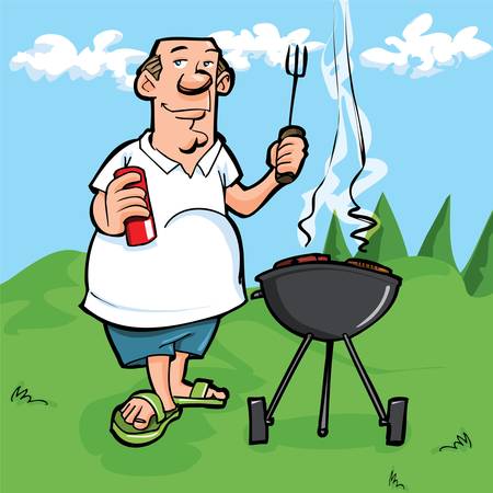 Cartoon of man having a BBQ. He is outside on the grass with blue sky behind himのイラスト素材