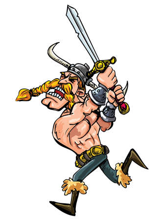 Cartoon viking charging with his sword isolated on whiteのイラスト素材