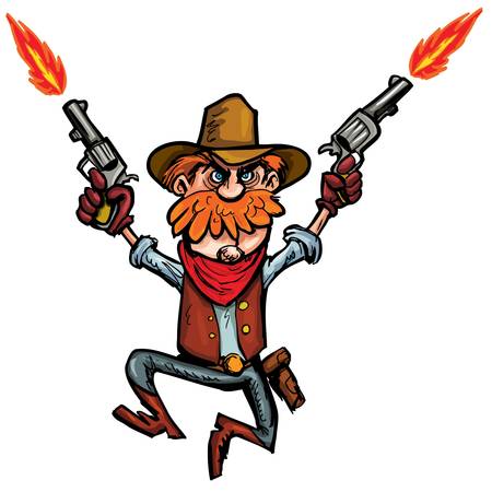 Cartoon cowboy jumping up and down with six guns. Isolated on whiteのイラスト素材