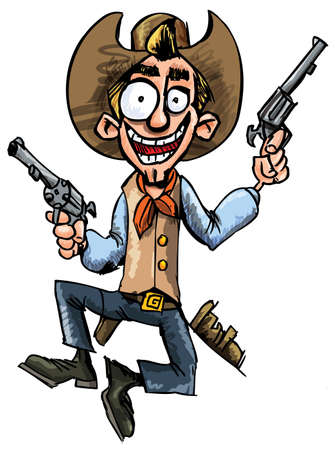 Cartoon cowboy jumping up and down with six guns. Isolated on whiteのイラスト素材
