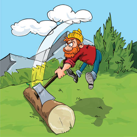 Cartoon lumberjack chopping a huge log. Forest as a backgroundのイラスト素材