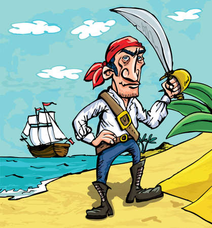 Cartoon pirate on a beach. His boat can be seen in the back groundのイラスト素材