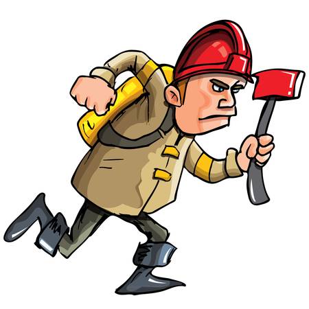 Cartoon fireman running with an axe. Isolated on whiteのイラスト素材