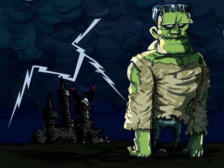Cartoon Frankenstein monster in a night scene. Lightning in the back groundのイラスト素材