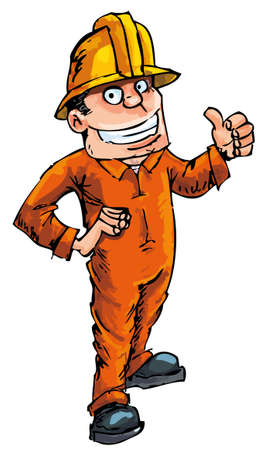 Cartoon worker in a hard hat showing a thumbs upのイラスト素材