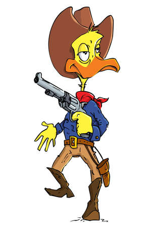 Cartoon duck cowboy with a gun belt. Isolated on whiteのイラスト素材