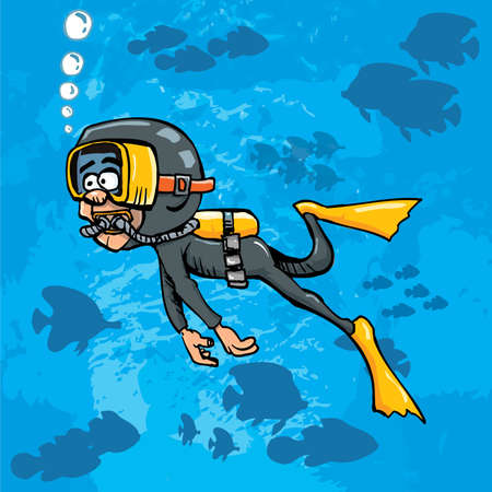 Cartoon diver swimming underwater. Blue sea behind him with fishのイラスト素材