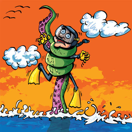 Cartoon diver attacked by tentacle coming out of the waterのイラスト素材