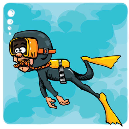 Cartoon diver swimming underwater. Blue sea behind himのイラスト素材
