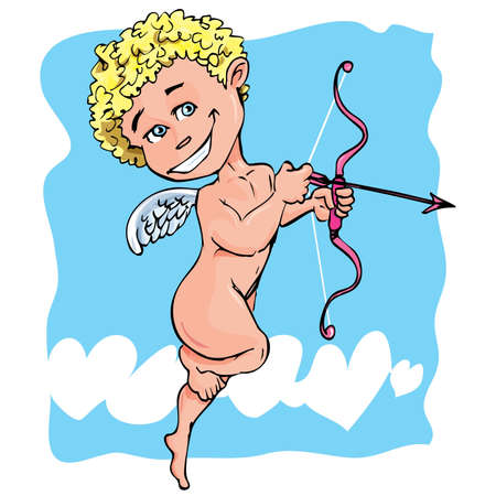 Cartoon cupid with bow and wings. Blue sky behindのイラスト素材