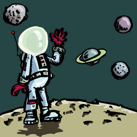 Cartoon astronaut in a space suit. Planets behindのイラスト素材