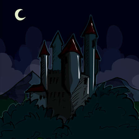 Creepy castle at night. A moon in the skyのイラスト素材