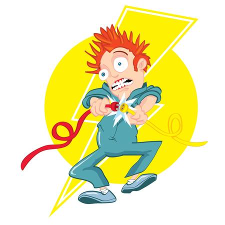 Cartoon electrician getting electrocuted. Lightning bolt design behindのイラスト素材