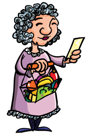 Cartoon of old lady shopping with her shopping list. Isolated on whiteのイラスト素材