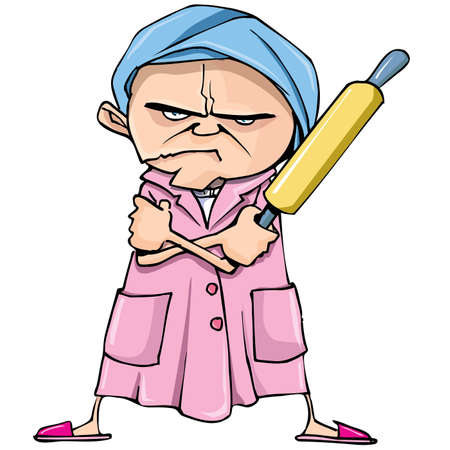 Cartoon of mean old woman with a rolling pin. Isolated on whiteのイラスト素材