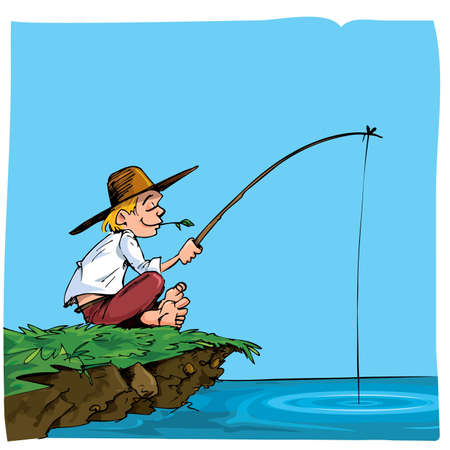 Cartoon of a boy fishing. He is on a riverbankのイラスト素材