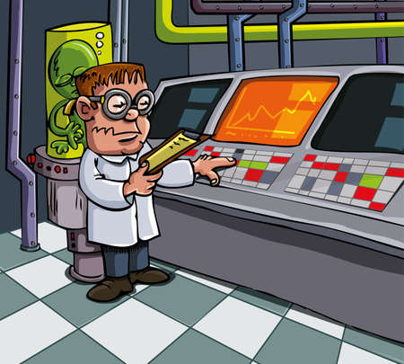 Cartoon scientist in his laboratory. Computers and lab equipment behindのイラスト素材