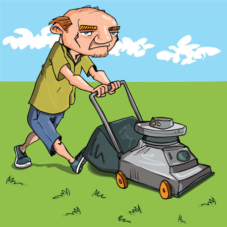 Cartoon man mowing his lawn. Grass and blue sky behindのイラスト素材