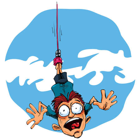 Cartoon bungee jumper falling in fear. Blue sky behindのイラスト素材