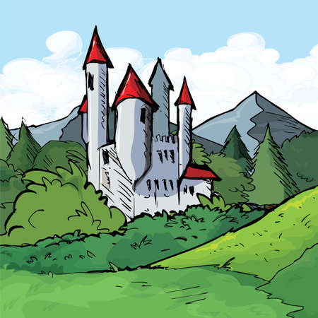 Illustration of Castle of in a forest. Sky behindのイラスト素材