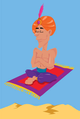 Cartoon genie flying on a carpet. Desert scene behindのイラスト素材
