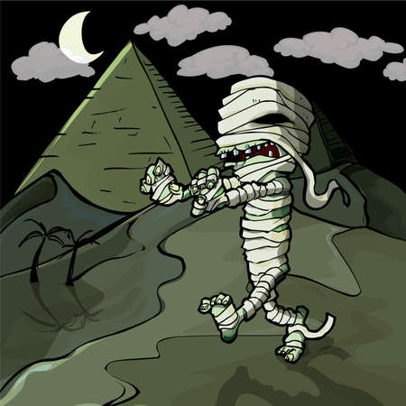 Scary cartoon Egyptian mummy in front of pyramids.のイラスト素材