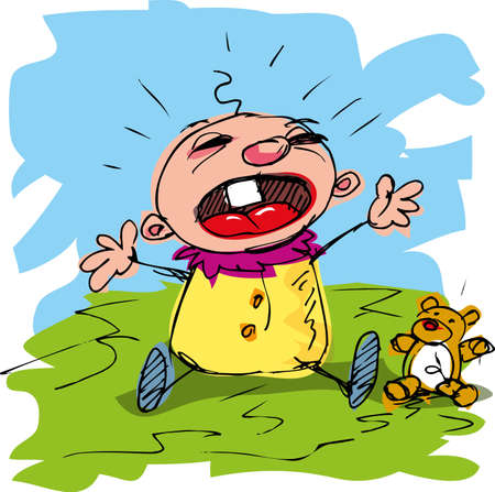 Cartoon baby with one tooth crying on the grassのイラスト素材