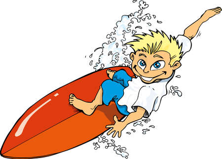 Cartoon surfer boy riding a surf board. Isolated on whiteのイラスト素材